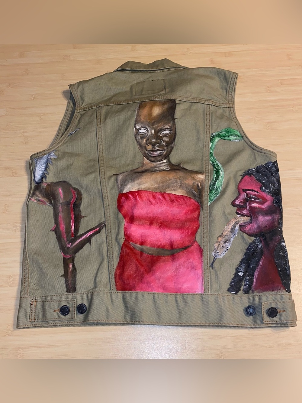 Custom Hand Painted Levi’s Vest Ladies Snakes Youth Large Green Denim Art